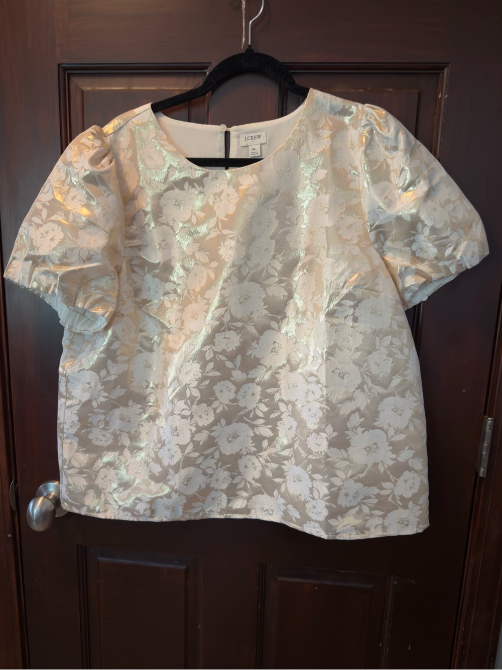 J.Crew Gold Metallic Floral Puff Sleeve Top